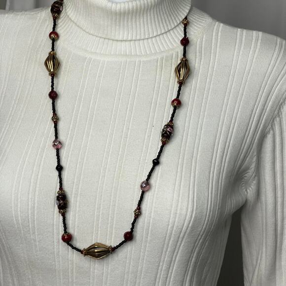 Chico's black and red beaded necklace long painted beads signed costume jewelry - Picture 12 of 14